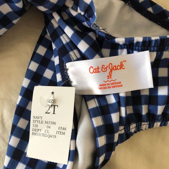 Cat & Jack Girls 2 Piece Bathing Suit Blue White Checkered Cherries Size 2T - Picture 3 of 6
